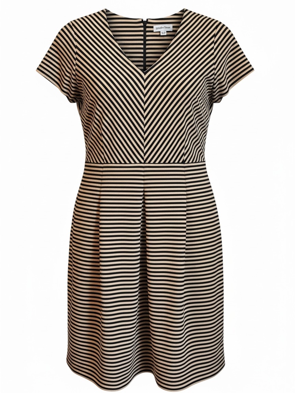 Shelby & Palmer Black and Cream Striped V-Neck Fit & Flare Dress